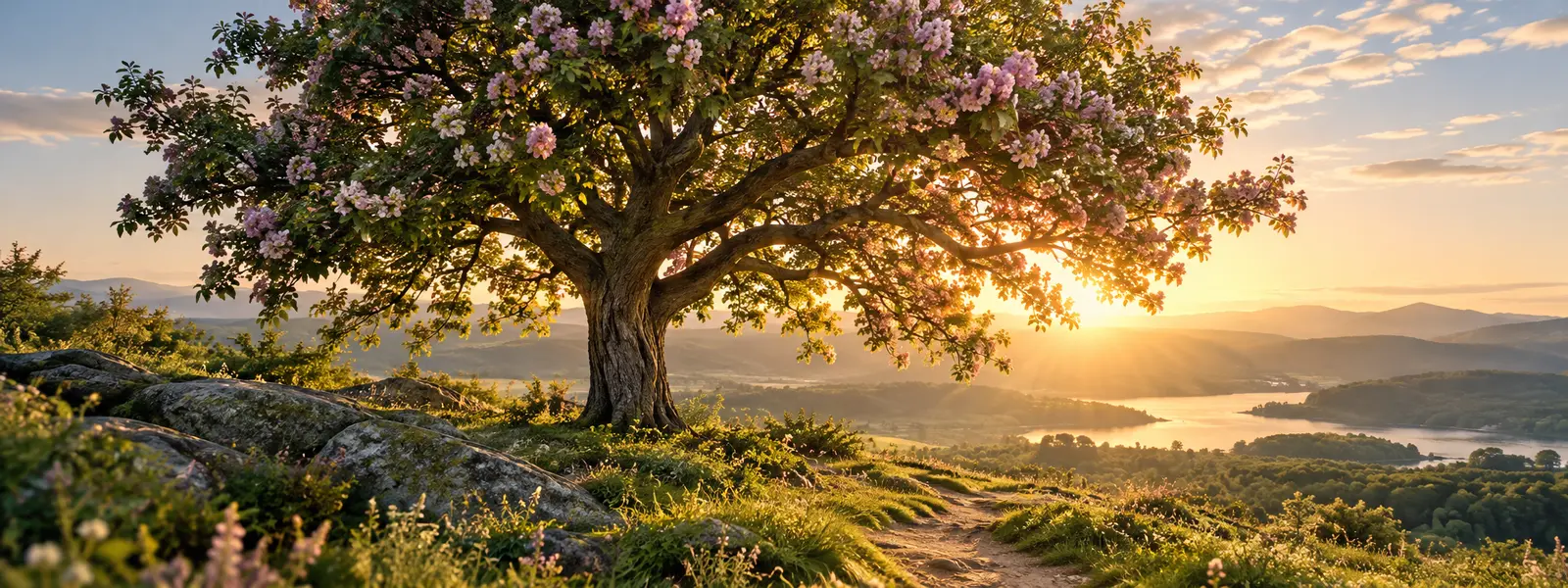A mature flowering tree opening toward golden morning light