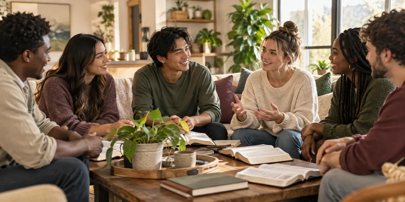 Young adults gathered around open Bibles in a welcoming community