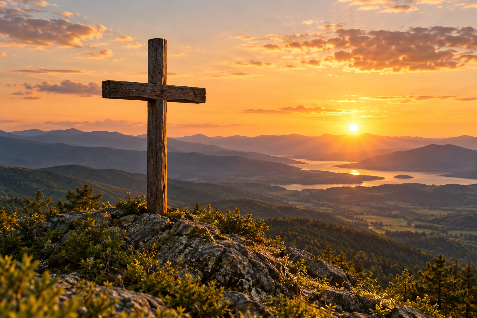 A wooden cross on a mountain ridge overlooking a golden sunset